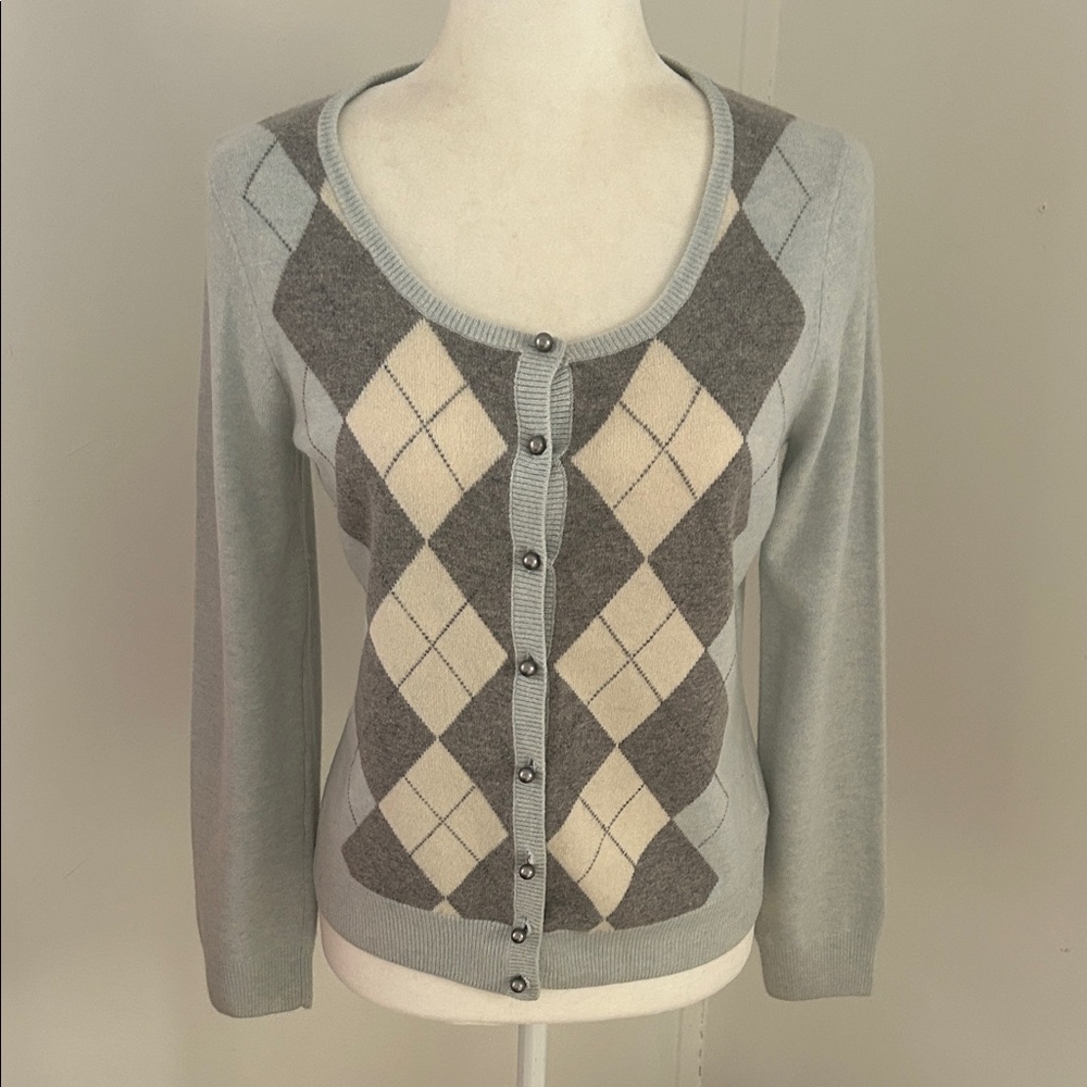 Talbots Pale Blue/Gray/Cream Wool Argyle Cardigan Sweater sz S